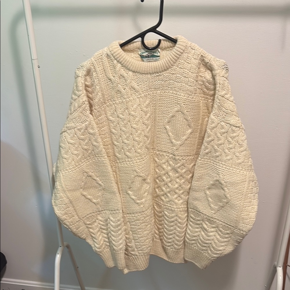Aran Crafts Cream Crew Neck Irish Sweater with Cable Knit Patchwork Patterns